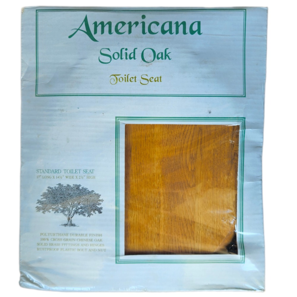 AMERICANA Solid Oak Toilet Seat Standard Round Brass Hinges Bathroom Wood 17x14